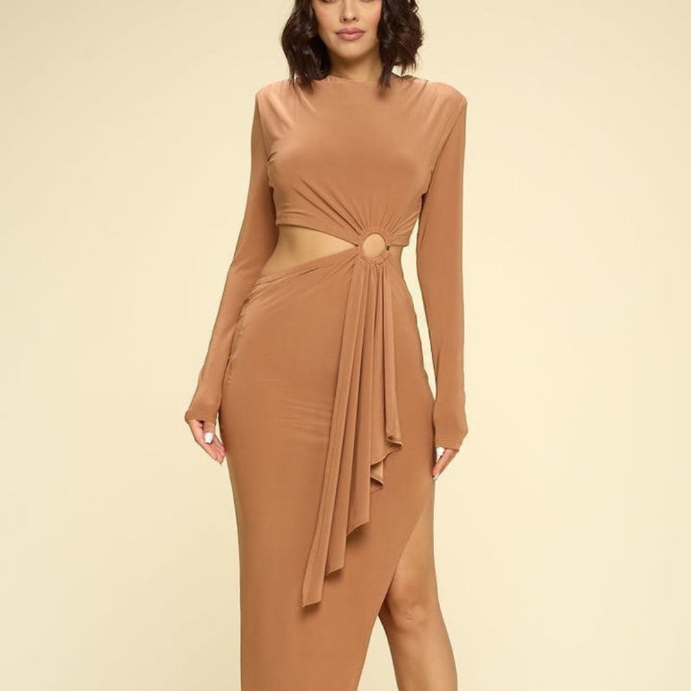 Women's Clay Bodycon Round Neck Long Sleeves Cut Out Asymmetrical Hem Midi Dress